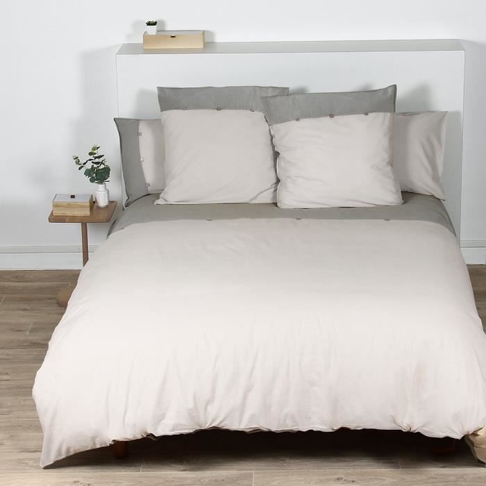 COTE DECO Housse de couette 100% coton lavé 240x260 cm - Blanc ficelle et gris éléphant
