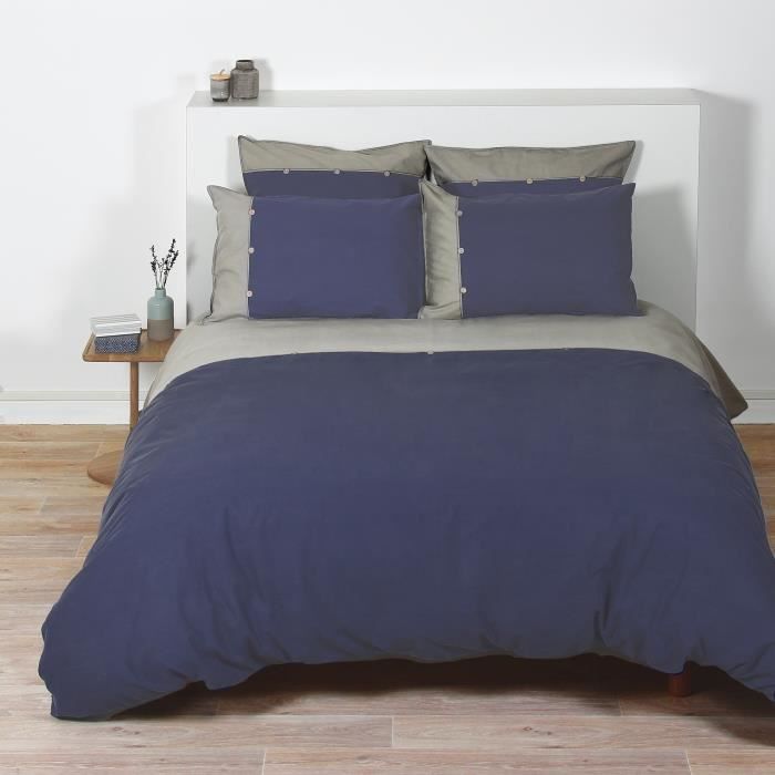 COTE DECO Housse de couette 100% coton lavé 240x260 cm - Bleu navy et gris éléphant