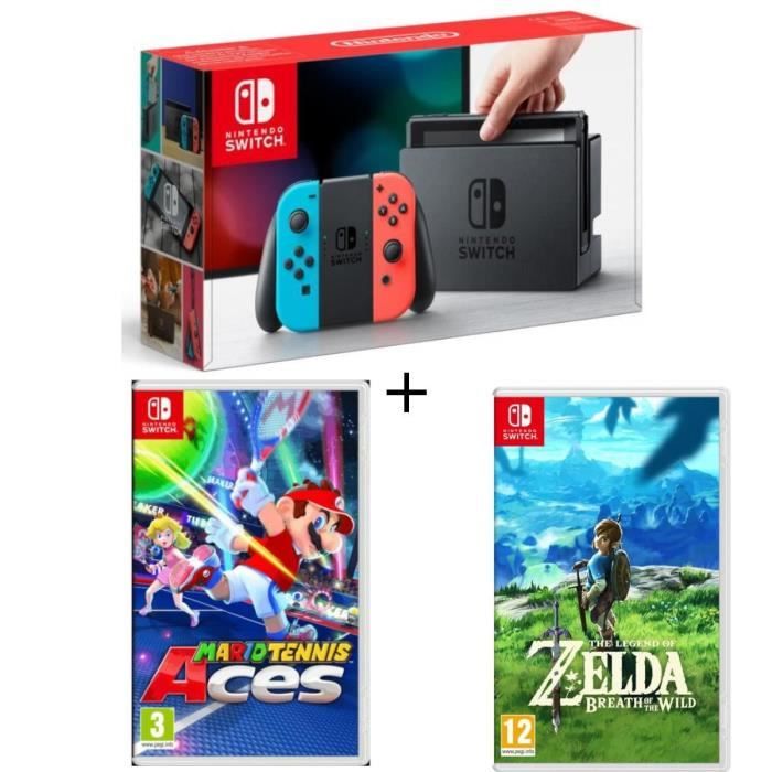 Pack Nintendo Switch Néon + The Legend of Zelda : Breath of the Wild + Mario Tennis Aces