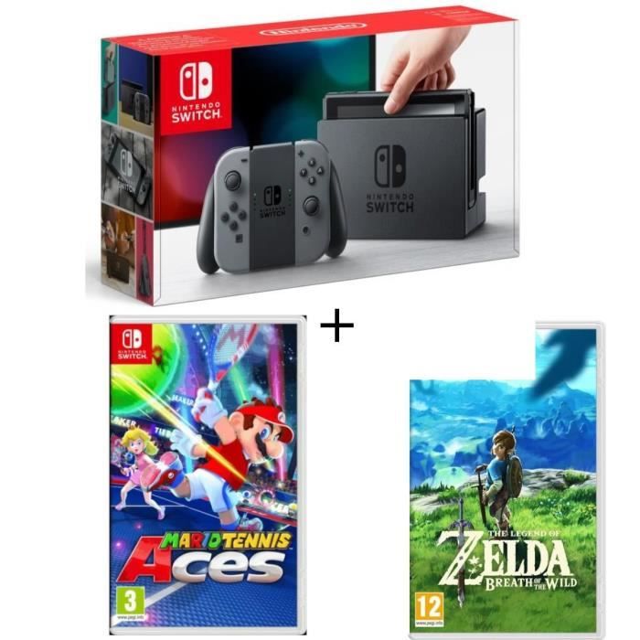 Pack Nintendo Switch Grise + The Legend of Zelda : Breath of the Wild + Mario Tennis Aces