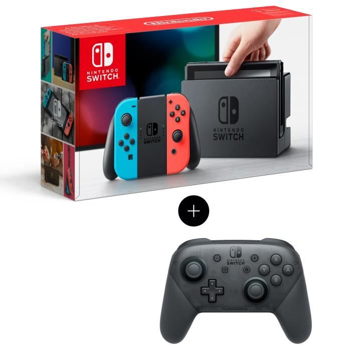 Console Nintendo Switch avec paire de joy-con bleu néon / rouge néon + Manette Pro Controller