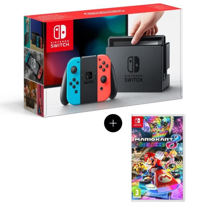 Console Nintendo Switch avec paire de joy-con bleu néon / rouge néon + Mario Kart 8 Deluxe