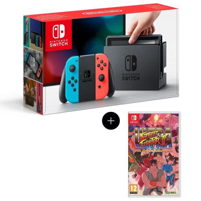 Console Nintendo Switch avec un Joy-Con droit rouge néon et un Joy-Con gauche bleu néon + Jeu Ultra Street Fighter II