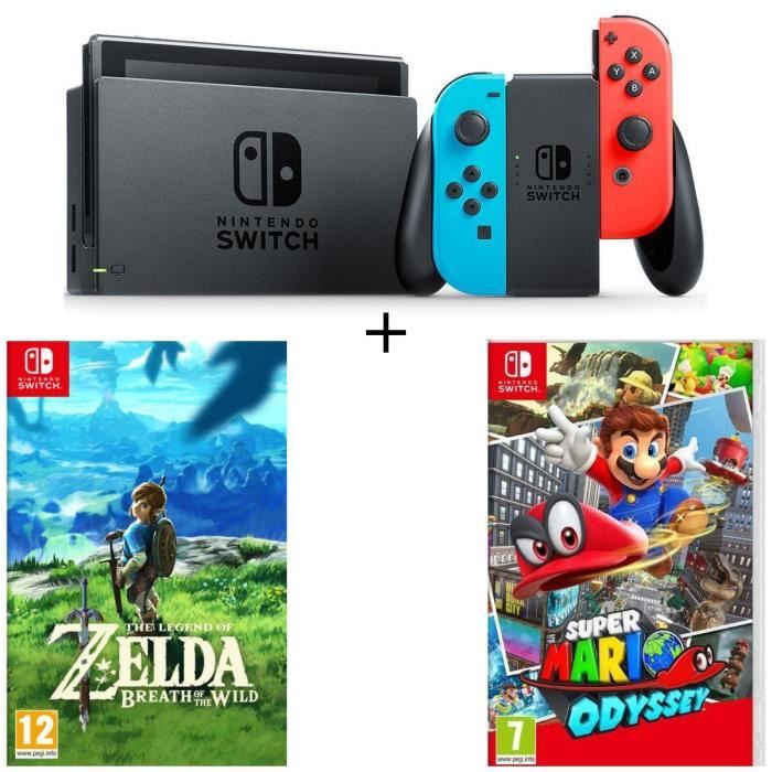 Console Nintendo Switch avec paire de joy-con bleu néon / rouge néon + The Legend of Zelda: Breath of the Wild + Super Mario Odyssey