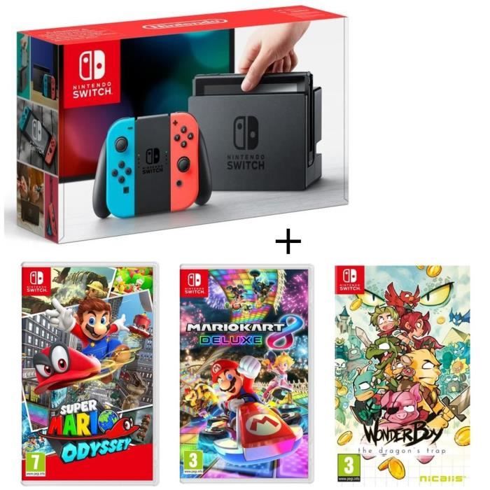 Pack Nintendo Switch Néon + Wonder Boy - The Dragon's Trap + Super Mario Odyssey + Mario Kart 8 Deluxe