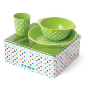 PLASTOREX Coffret Repas mélamine verte décor Petits Pois Blancs (assiette, bol, gobelet) sous boîte métallique décorée