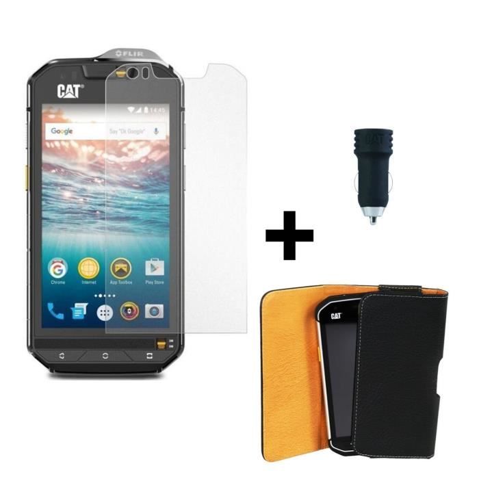 Caterpillar S60 + Chargeur Allume Cigare Double USB (Noir) + Housse Universelle + Film de protection en verre trempé