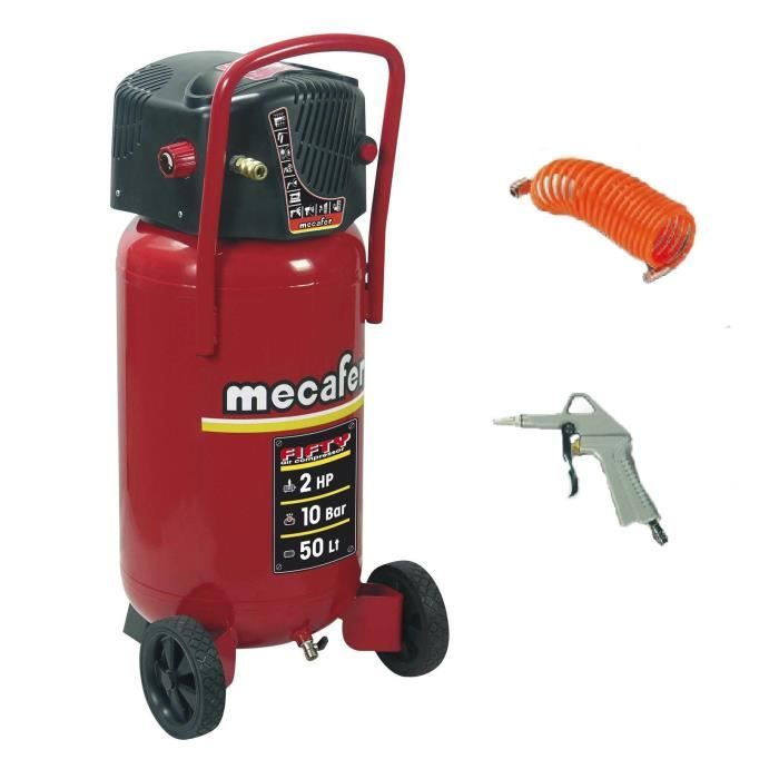 MECAFER Compresseur vertical 2 CV Fifty 50L 10 Bar avec tuyau et soufflette bec court