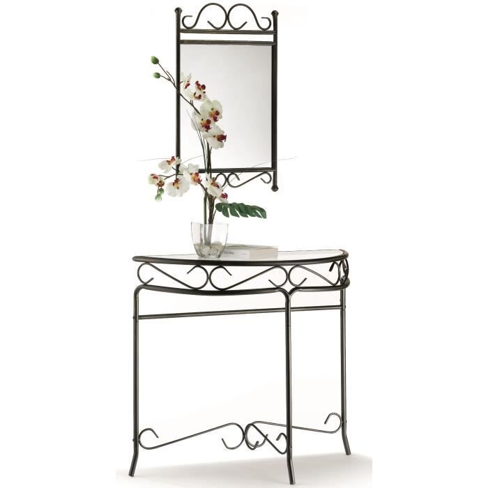 REVA Console et miroir - Métal noir et doré romantique + plateau en verre trempé clair - L 95 et L 43 cm