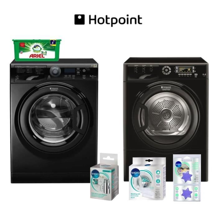 Pack tout inclus : Lave linge Hotpoint + Sèche linge + ARIEL PODS + Filet de lavage + Anti-calcaire magnétique + Etoiles parfumées