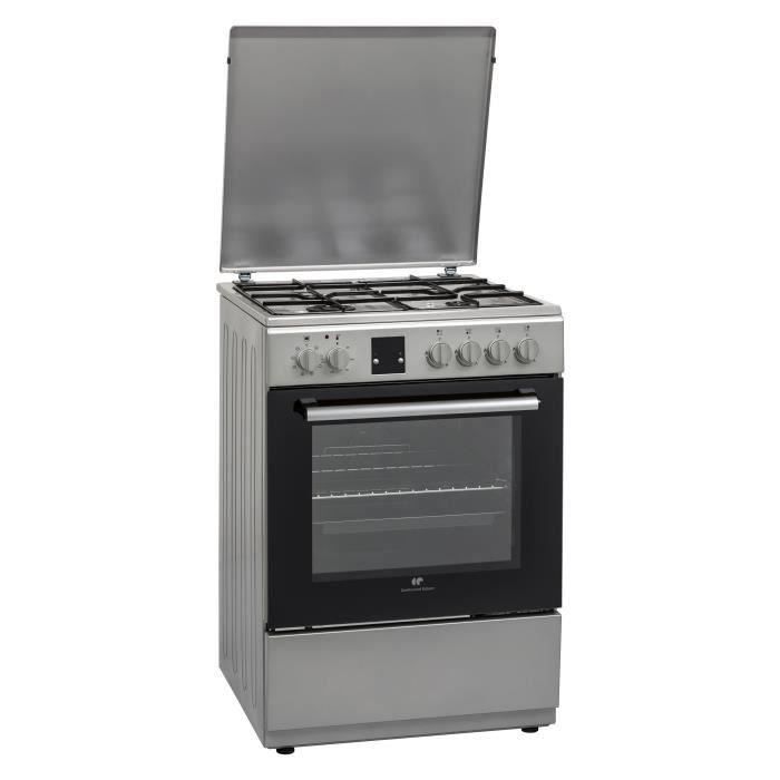 CONTINENTAL EDISON CECG6060FCS-Cuisinière table gaz-4 foyers-Four électrique chaleur brassée-Catalyse-56 L-L 60 x H 85 cm-Silver