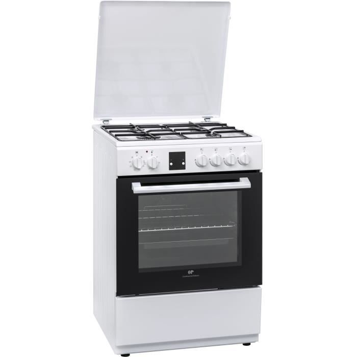 CONTINENTAL EDISON CECG6060FCW-Cuisinière table gaz-4 foyers-Four électrique chaleur brassée-Catalyse-56 L-L 60 x H 85 cm-Blanc