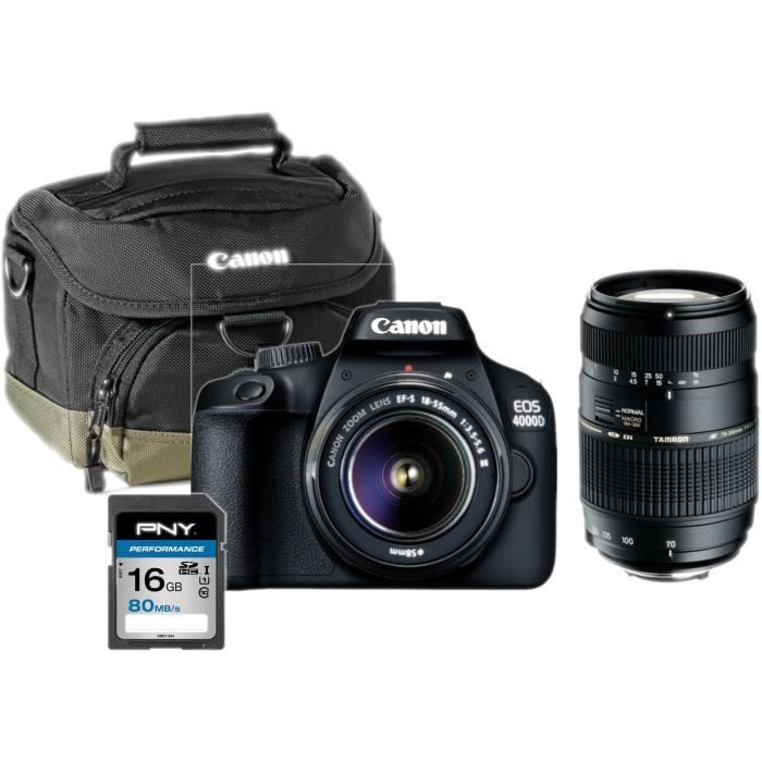 CANON EOS 4000D avec objectif EF-S 18-55 III + Carte 16 Go + Sacoche + Objectif Tamron 70-300mm