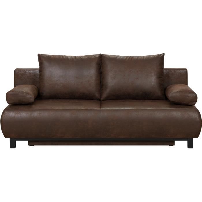 SHILO Banquette 3 places convertible avec coffre de rangement - Tissu Marron vieilli - L 192 x H 84 x P 93 cm