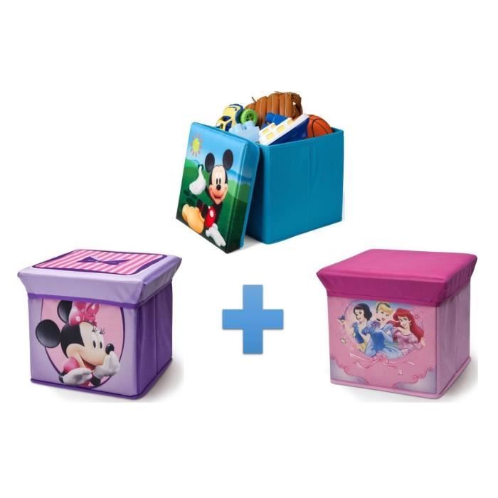 DISNEY PRINCESSES/ MINNIE/ MICKEY - Lot de 3 poufs de rangement/ coffres à jouets Enfant pliables - 24 x 24 x 22 cm