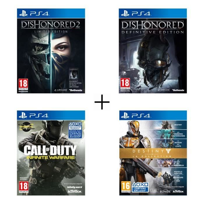Pack de 4 jeux PS4 : Dishonored 2 + Dishonored Definitive Edition + Call of Duty : Infinite Warfare + Destiny : La Collection