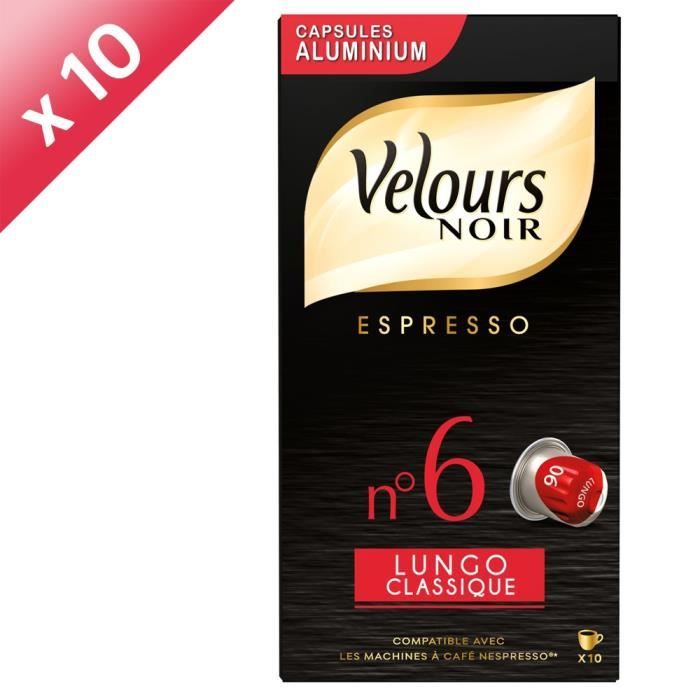 VELOURS NOIR Café Lungo Intensité 6 - 10 paquets de 10 capsules en aluminium