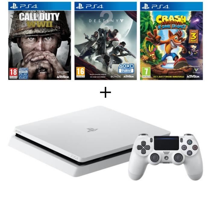 Pack Nouvelle PS4 Slim Glacier White 500 Go Châssis E + Call of duty World War II + Destiny 2 + Crash Bandicoot N. Sane Trilogy