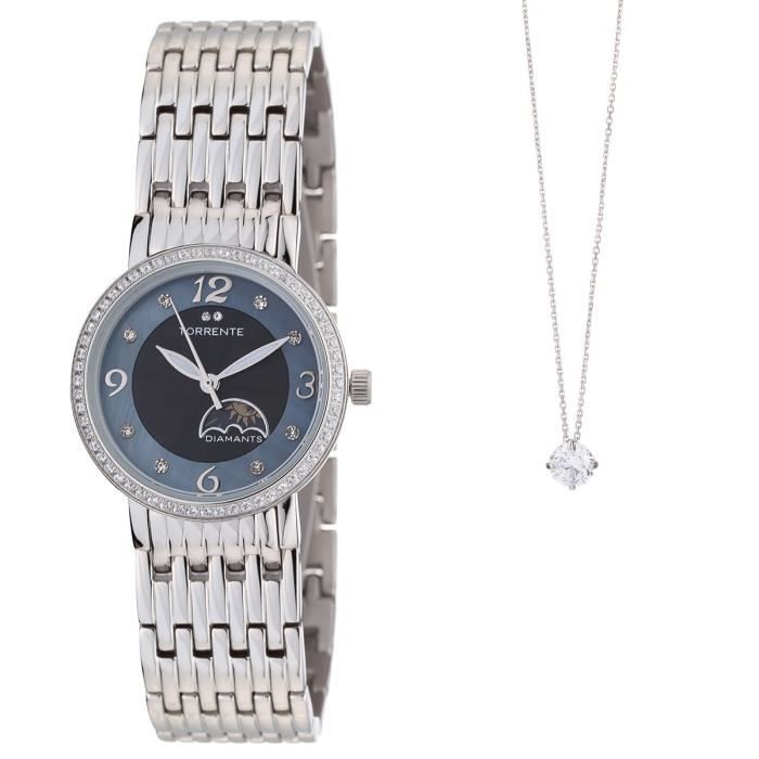 TORRENTE Coffret 2 Pièces : 1 Montre et 1 Pendentif Or Blanc et Oxydes de Zirconium Femme
