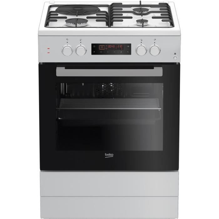 BEKO FSE63410GWP - Cuisinière table mixte gaz / électrique - 4 foyers - Four électrique - Pyrolyse - 66L - A - L60 x H85cm - Blanc