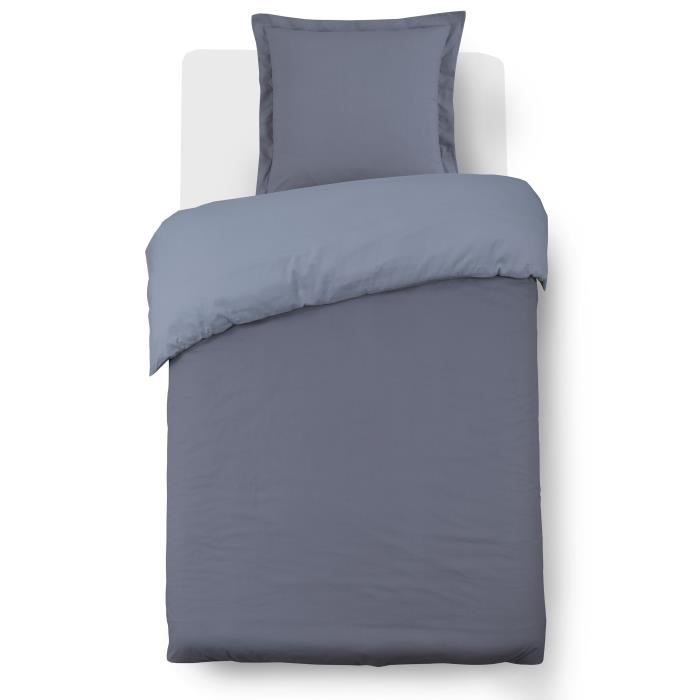 VISION Parure de couette bicolore 100% coton - 1 housse de couette 140 x 200 cm et 1 taie d'oreiller 65 x 65 cm - Gris et gris perle