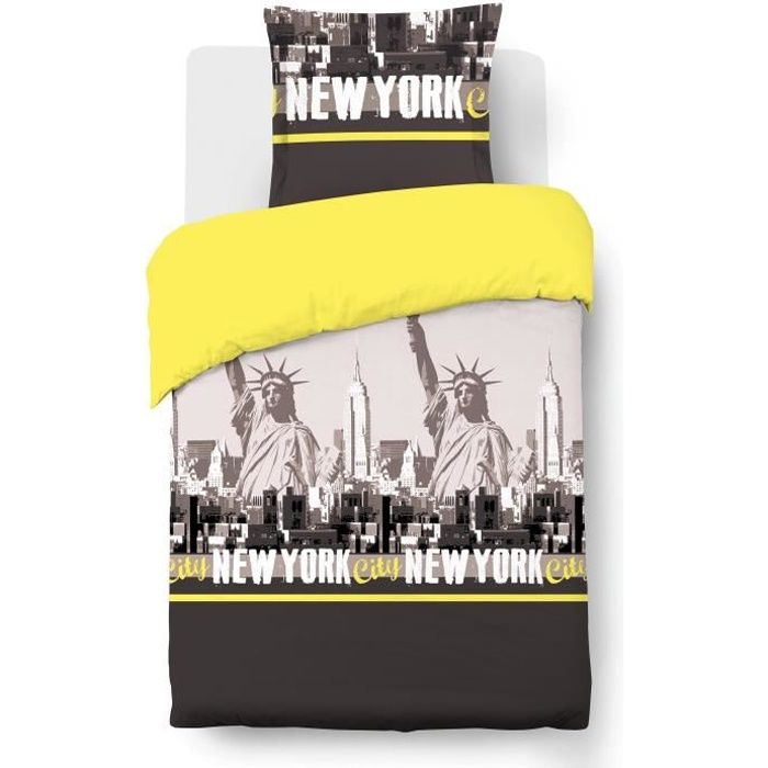 VISION Parure de couette New York - 100% coton - 1 housse de couette 140 x 200 cm + 1 taie d'oreiller 65 x 65 cm - Gris et jaune