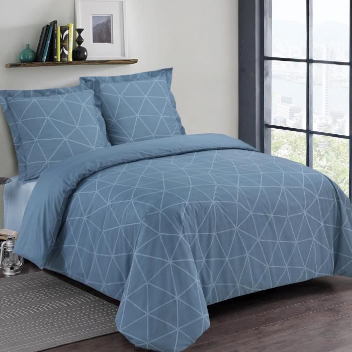 VISION Parure de couette Hugo - 100% coton - 1 housse de couette 200 x 200 cm + 2 taies d'oreiller 65 x 65 cm - Gris bleu