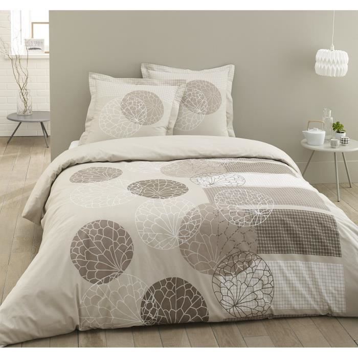 VISION Parure de couette Adèle - 100% coton - 1 housse de couette 220 x 240 cm + 2 taies d'oreiller 65 x 65 cm à volant plat - Beige