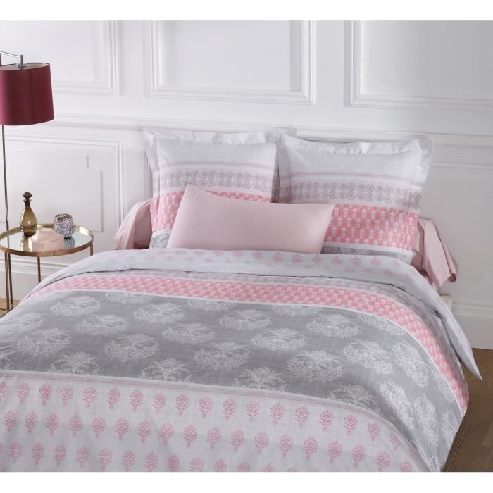 VISION Parure de couette Romane - 100% coton - 1 housse de couette 220 x 240 cm + 2 taies d'oreiller 65 x 65 cm - Blanc et rose