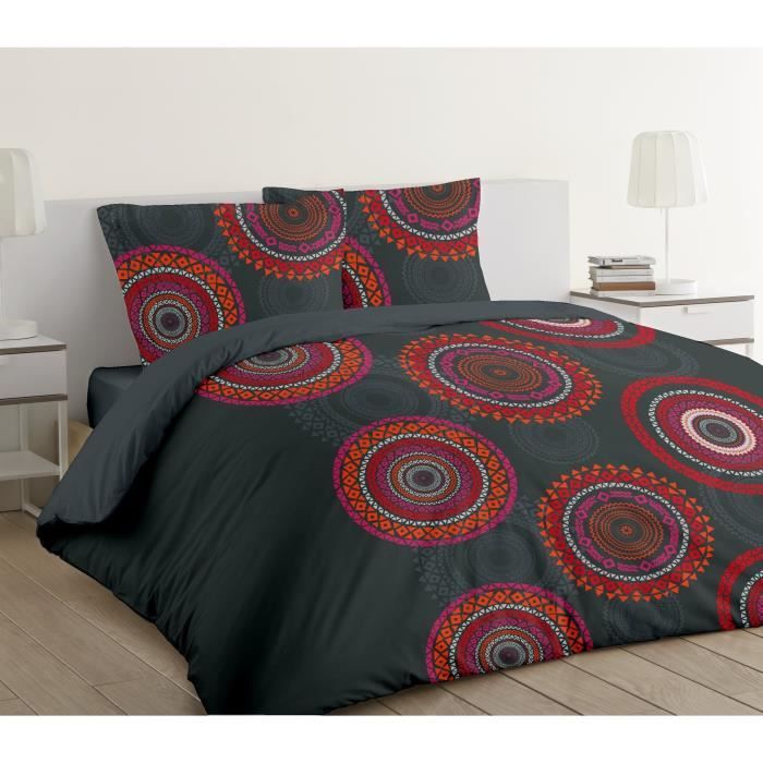 VISION Parure de couette 100% coton ANGELINA - 1 housse de couette 220x240 cm + 2 taies d'oreillers 65x65 cm gris et orange