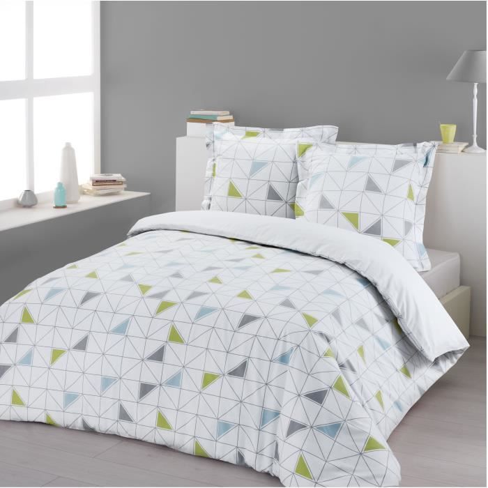VISION Parure de couette 100% Coton JACKIE - 1 housse de couette 220x240 cm + 2 taies d'oreillers 65x65 cm blanc, gris, bleu et vert