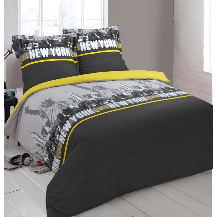 VISION Parure de couette New York - 100% coton - 1 housse de couette 220 x 240 cm + 2 taies d'oreiller 65 x 65 cm - Gris et jaune