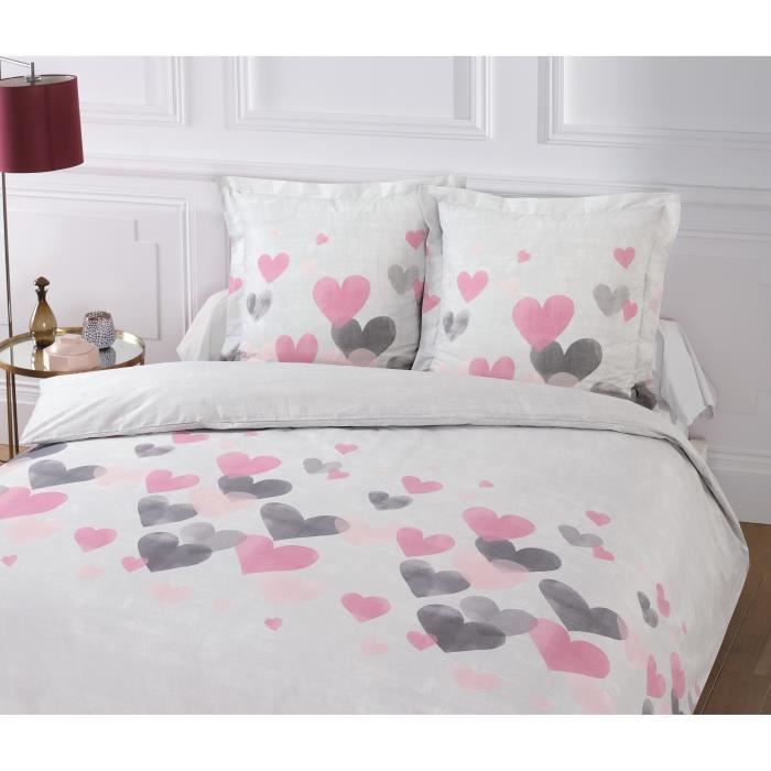 VISION Parure de couette Eugénie 100% coton - 1 Housse de couette 220x240 cm + 2 Taies d'Oreillers 65x65 cm - Gris clair et rose