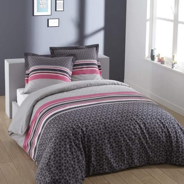 VISION Parure de couette Lisa - 100% coton - 1 housse de couette 240 x 260 cm + 2 taies d'oreiller 65 x 65 cm - Gris et rose