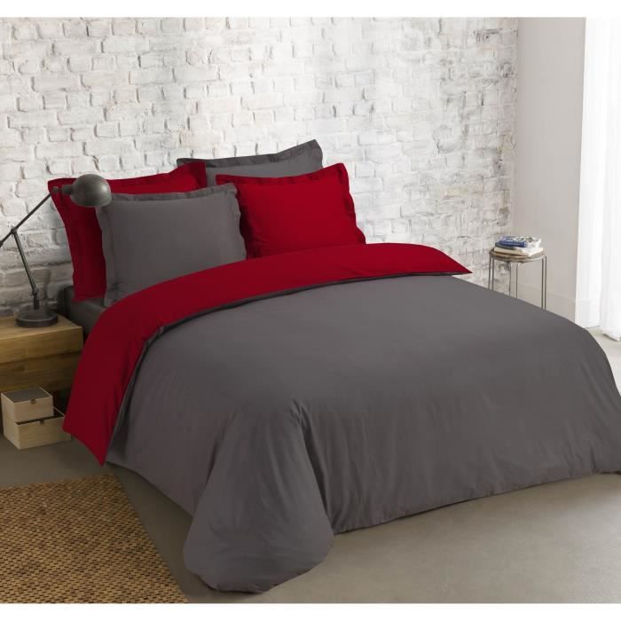 Housse de couette et deux taies L260 cm Bi color Gris et rouge