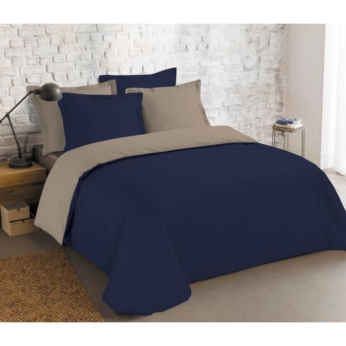 VISION Parure de couette 100% Coton bicolore réversible - 1 Housse de couette 240x260 cm + 2 Taies d'Oreillers MARINE / TAUPE