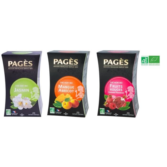 Lot de 100% saveurs Trio thés bio : Thé Vert Jasmin Bio + Thé Vert Mangue Abricot Bio + Thé Noir Fruits Rouges Bio