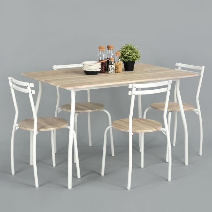 REED Ensemble table à manger + chaises 4 personnes contemporain en métal - Plateau et assises coloris hêtre - L 120 x l 80 cm