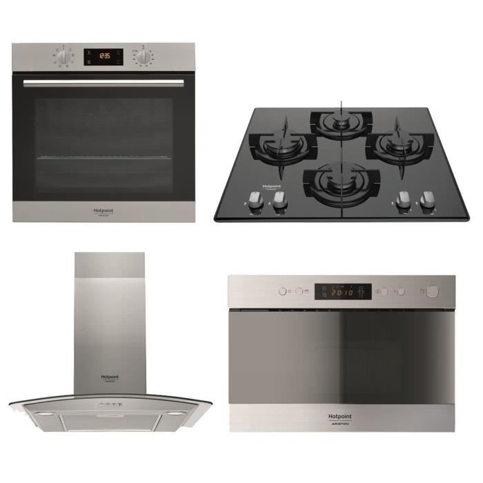 HOTPOINT Four électrique - 66 L + Plaque de cuisson à gaz - 4 foyers + Hotte - 3 vitesses + Micro-ondes - 22 L