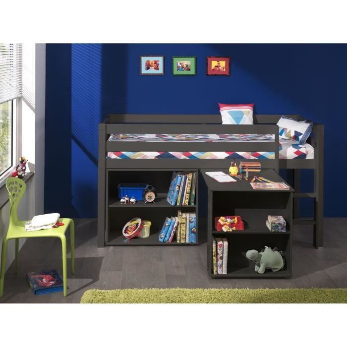 PINO Lit mezzanine + bureau + bibliothèque gris
