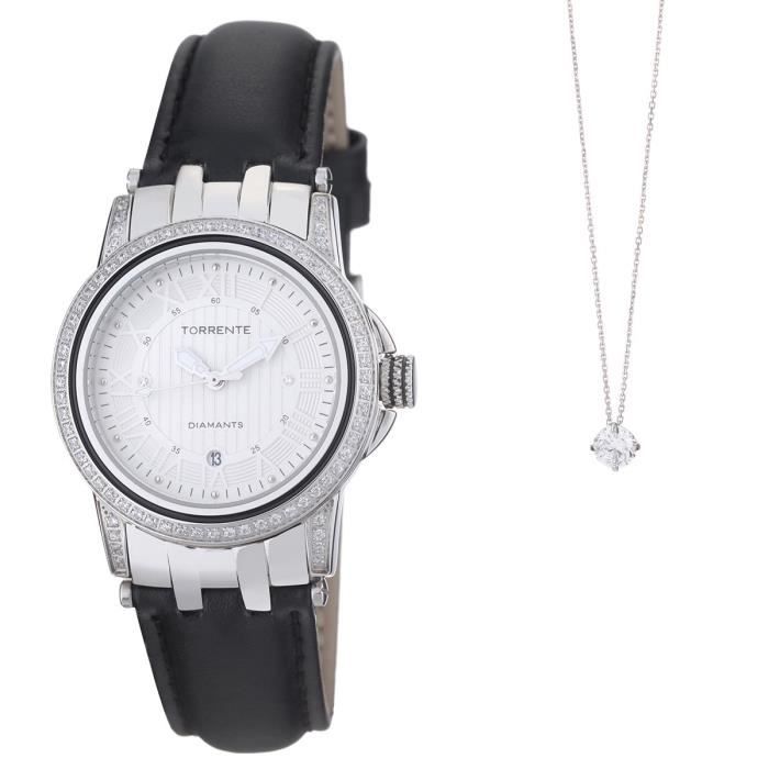 TORRENTE Coffret 2 Pièces : 1 Montre et 1 Pendentif Or Blanc et Oxydes de Zirconium Femme