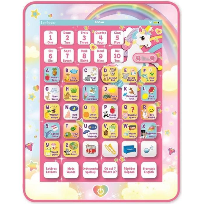 LEXIBOOK - Tablette Educative & Bilingue Licorne - Français, Anglais - Abécédaire Educatif Bilingue