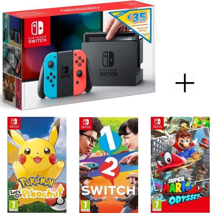 Switch Néon Ed. Limitée + code téléchargement 35€ Nintendo eShop + Super Mario Odyssey + 1-2-Switch + Pokémon: Let's go, Pikachu