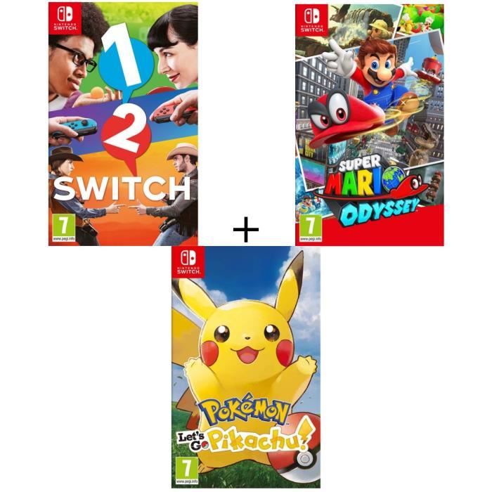 Pack 3 jeux Switch : Pokémon : Let's go, Pikachu + 1-2-Switch + Super Mario Odyssey
