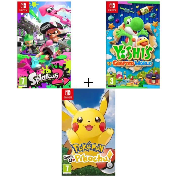 Pack 3 jeux Switch : Pokémon : Let's go, Pikachu + Splatoon 2 + Yoshi's : Crafted World