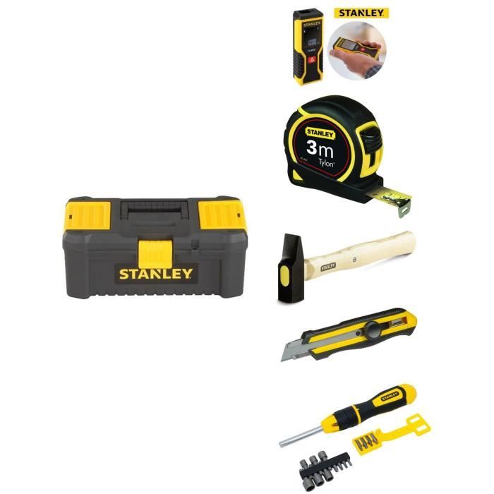 STANLEY Boîte à outils + Mesure laser + Ruban à mesurer + Marteau rivoir + Cutter 18 mm 0-10-417 + Tournevis porte-embout à cliquet