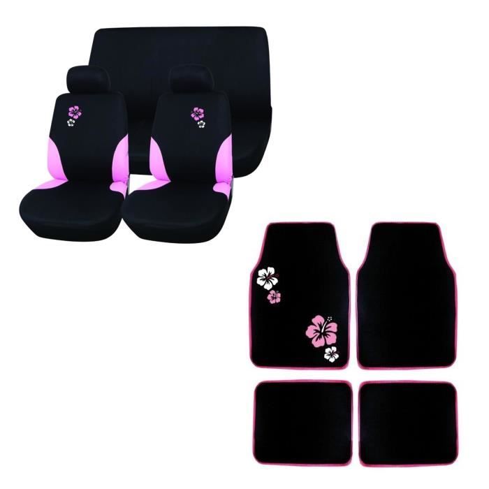 Jeu de Housses Sièges Auto Hibiscus + Jeu de 4 tapis moquette noir broderies Hibiscus
