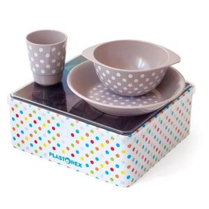 PLASTOREX Coffret Repas mélamine pasteline décor Petits Pois Blancs (assiette, bol, gobelet) sous boîte métallique décorée