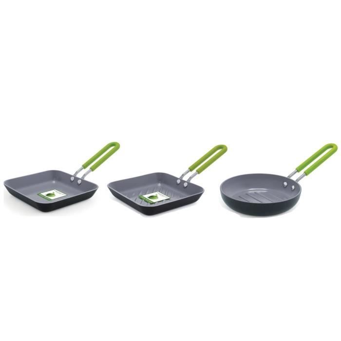 GREENPAN 3 poêles Les Minis : poêle carré 12.5 cm + poêle grill 12.5 cm et poêle grill 12.7 cm - Tous feux sauf induction