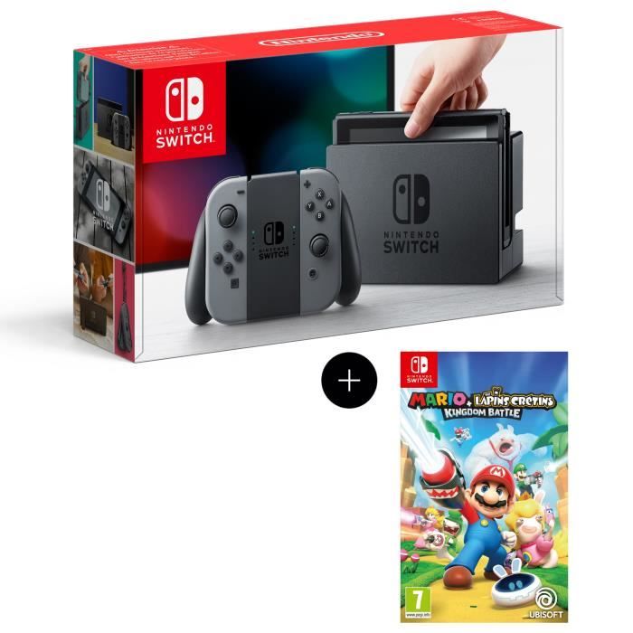 Console Nintendo Switch avec paire de joy-con gris + Mario The Lapins Crétins Kingdom Battle Jeu Switch
